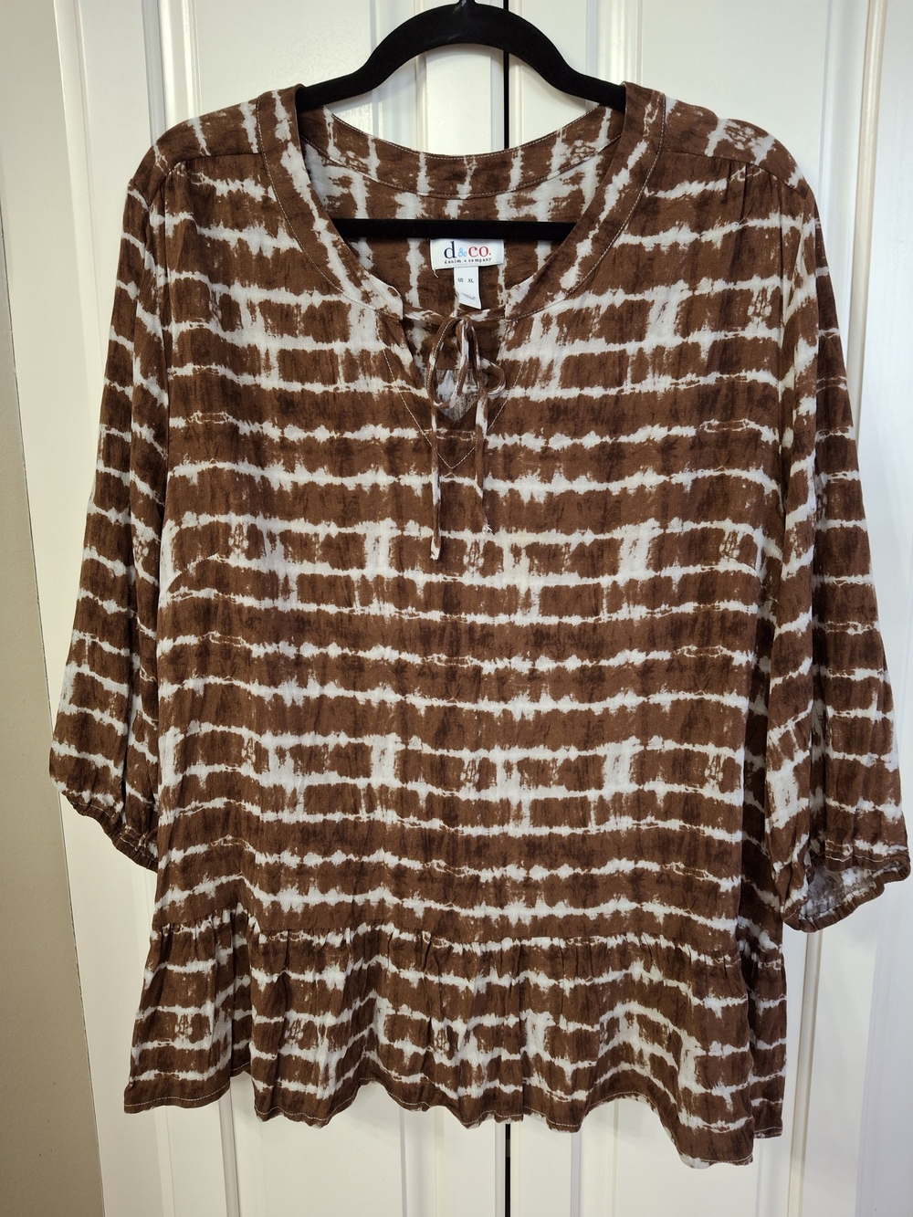 Denim&Co Brown and White Tie-Dye Peplum Tunic